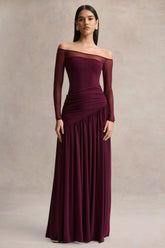 Luminary | Dark Plum Bardot-Neck Maxi Dress With Mesh Sleeves