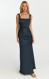 Rumi Maxi Dress - Ruched Bodice Satin Dress in Navy
