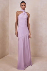 Cara | Lilac Matte Satin High-Neck Maxi Dress
