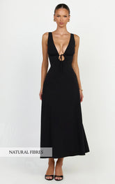 Silvena Midi Dress - Plunge Neckline Tie Front A Line Dress in Black