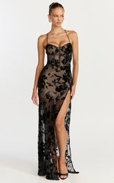 Violeta Maxi Dress - Corset Front Burnout Dress in Black