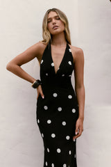 Dancing Stars Polka Dot Halter Maxi Dress Black