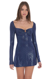Embellished Foil Long Sleeve Dress in Blue