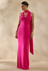 True Icon | Hot Pink Satin High-Neck Maxi Slip Dress With Sash