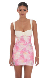 Two-Tone Floral Mesh Bodycon Dress in Pink