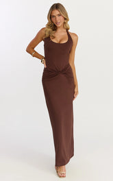 Olivia Maxi Dress - Halter Neck Front Twist Dress in Dark Chocolate