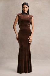 Malora | Brown Velvet High-Neck Maxi Dress With Open-Back