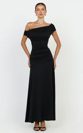 Ophelia Maxi Dress - Off Shoulder Ruched Fit And Flare Dress in Black