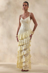 Avelisse | Lemon Lace Plunge-Neck Maxi Dress With Ruffled Detailing