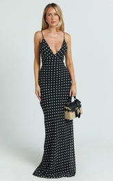 Quincy Maxi Dress - Satin Slip Dress in Black Polka Dot