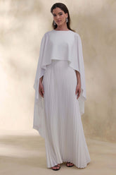 Loradia | Cream Satin Round-Neck Maxi Dress With Cape-Sleeves And Pleated-Skirt