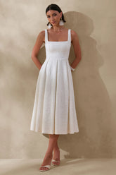 Ashmara | White Lace Square-Neck Midi Dress