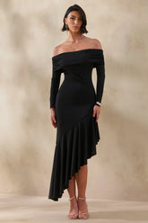 Goldara | Black Bardot-Neck Maxi Dress With Ruffled Asymmetric-Hem