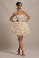Peaches | Champagne Strapless Mini Dress With Volume Feather Hem