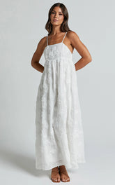 Claya Midi Dress - Sleeveless Straight Neckline Floral Detail Dress in White Embroidery