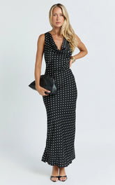 Blanca Midi Dress - Cowl Neck Bias Cut Dress in Black Polka Dot