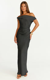 Lira Maxi Dress - One Shoulder Satin Dress in Black