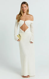 Romy Maxi Dress - Off Shoulder Long Sleeve Cut Out Gold Trim Fitted Dress in Ivory