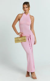 Berkley Maxi Dress - Knit Turtle Neck Tie Waist Dress in Pink