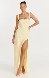 Cardi Maxi Dress - Ruched Mesh High Leg Split Dress in Lemon