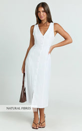 Juliet Midi Dress - Button Through V Neck Dress in White