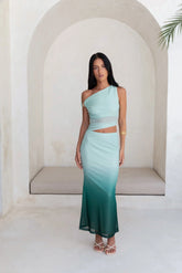 Soft Shades Off The Shoulder Mesh Maxi Dress Green