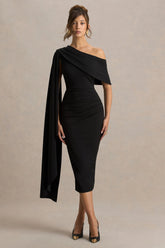 Leah | Black Asymmetric-Neck Midi Dress With Cape-Sleeve
