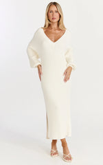 Kartia Midi Dress - V Neck Knit Dress in Off White