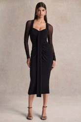 Rosetta | Black Sweetheart-Neck Midi Dress With Sheer-Sleeves