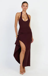 Lani Midi Dress - Scooped Neckline Draped Skirt Halter Dress in Dark Plum