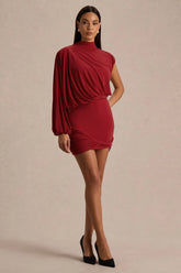 Zelda | Red High-Neck Mini Dress With One-Long Sleeve And Twisted Detail