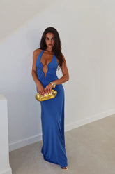 Denise Maxi Dress - Halter U Ruched Neck Cut Out Jersey Dress in Blue
