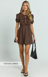 Hattie Mini Dress - Tie Front Puff Sleeve Dress in Chocolate