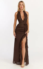 Eleonor Maxi Dress - Plunge Halter Tiered Ruffle Front Split Dress in Chocolate