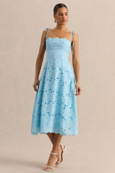 Anna | Embroidered Powder Blue Square-Neck Midi Dress