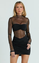 Zoe Mini Dress - Long Sleeve Mesh Dress in Black