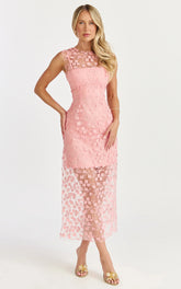 Hazel Midi Dress - 3D Flower Net Bodycon Dress in Pink