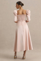 Rosey | Pale Pink Satin Sweetheart Midi Dress