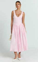 Beckett Midi Dress - Scoop Neck Drop V Waist Gathered Skirt Dress in Pink