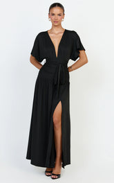 Liana Maxi Dress - Wide Sleeve Tie Waist Maxi Dress in Black
