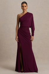 Lola | Burgundy Asymmetric-Neck Maxi Dress With Ruched Detailing And Front High-Split