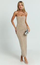 Terri Midi Dress - Diamante Square Neck Bodycon Dress in Nude