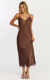 Ava Midi Dress - Lace Trim Scallop Hem Camisole Dress in Chocolate