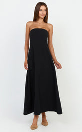 Emmie Midi Dress - Strapless Trapeze Dress in Black