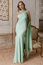 Sloane | Mint Matte Satin Halter-Neck Maxi Dress With Cape
