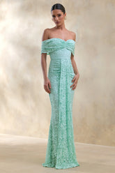 Aries | Mint Lace Bardot-Neck Maxi Dress With Gathered Detailing