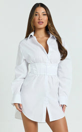 Athena Mini Dress - Collared Button Front Corset Waist Workwear Shirt Dress in White in White