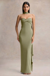 Sheila | Olive Bandeau Maxi Dress With Scarf Detail
