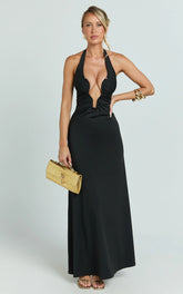 Denise Maxi Dress - Halter U Ruched Neck Cut Out Jersey Dress in Black