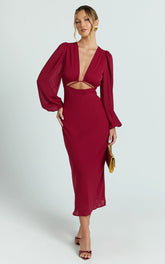 Artola Midi Dress - Front Cut Out Long Sleeve Dress in Wine